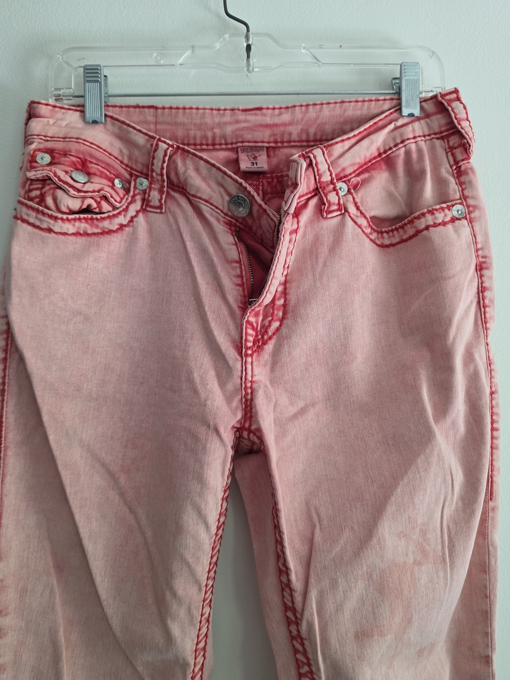 True Religion Big T Skinny Jeans Red Pink Acid Wash Contrast Stitch 31 Stretch - Picture 6 of 12